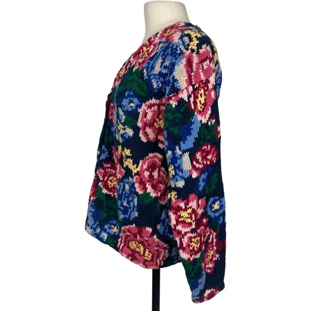 Vintage The Eagles Eye Hand Knit Floral Cardigan Sweater Large Black Pink Bold - Picture 3 of 8